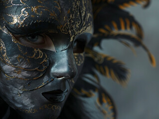 Wall Mural - Black mask with feather on on a black background. Could be used for Mardi Gras, New Year or Carnival