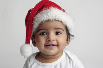 Wall Mural - cute little baby wearing santa hat on white background