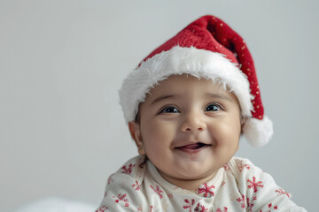 Wall Mural - cute little baby wearing santa hat on white background