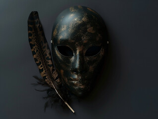 Wall Mural - Black mask with feather on on a black background. Could be used for Mardi Gras, New Year or Carnival