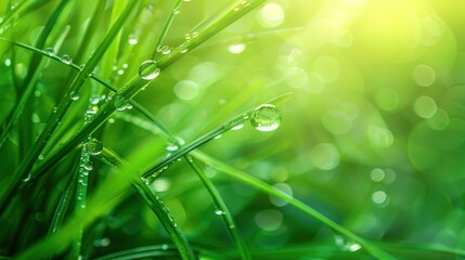 A closeup view of dew drops on blades of green grass in the morning sunlight