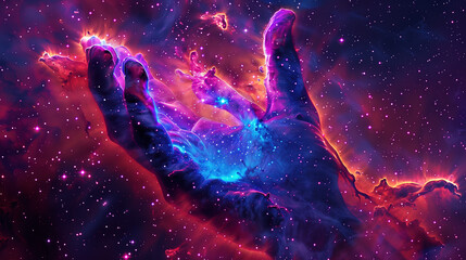 a surreal cosmic hand reaching out into the universe, set against a vibrant backdrop of colorful neb