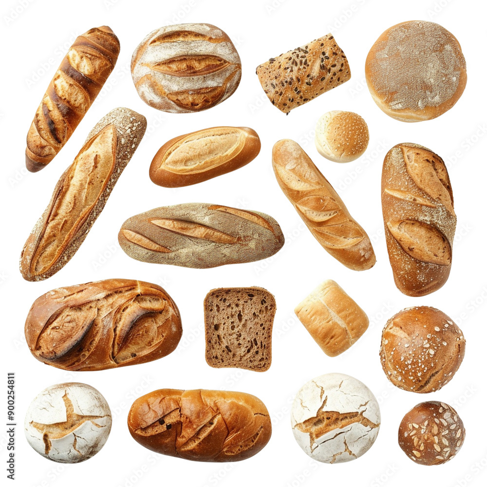 various of different types and shapes of bread isolated on white ...