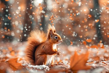 Wall Mural - A red squirrel stands in a snowy forest surrounded by autumn leaves