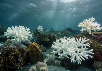 Wall Mural - A dramatic portrayal of coral bleaching caused by ocean acidification, with a variety of marine species visible in the scene