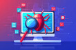 © Rutchaneewan - Digital Security Threat, a magnifying glass hovering over a cartoonish computer bug on a screen, showcasing themes of cyber threats and digital vigilance in a modern interface