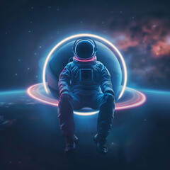 Wall Mural - a spaceman or astronaut sitting on saturn planet