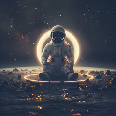 A spaceman or astronaut sitting on Saturn planet