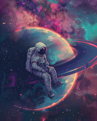 Wall Mural - a spaceman or astronaut sitting on saturn planet