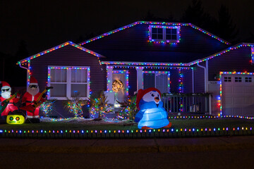 Wall Mural - Beautiful Christmas decorations outside the house at night. House decorated with blue lights for Christmas. Selective focus, blurred background