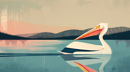 Wall Mural - pastel color Great white pelican swimming in lake with copy space.