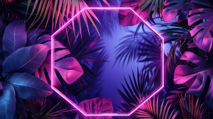 Wall Mural - A vibrant neon pink frame against a backdrop of tropical leaves bathed in a blue and purple glow