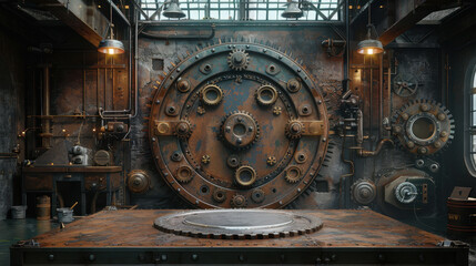 A vintage industrial workshop featuring a large, rusted gear mechanism as the centerpiece. The room has a gritty, worn look with various machinery and tools