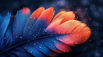 Wall Mural - Colorful feather with water droplets, close-up