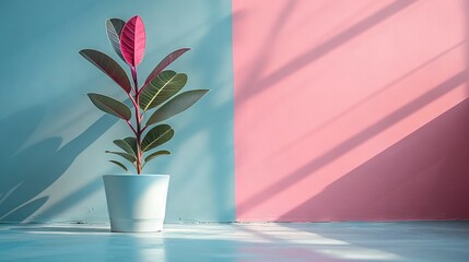 Poster -   A potted plant in front of a blue and pink wall with a shadow on the floor