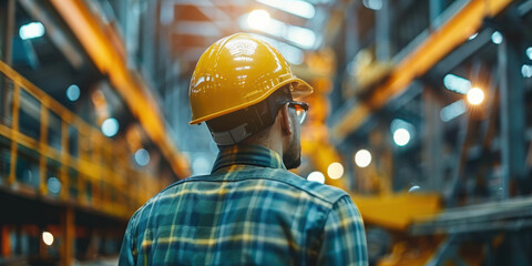 Wall Mural - A factory worker wearing a yellow hard hat inspects the industrial setting, surrounded by machinery and bright lights.