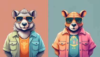 Wall Mural -  Cartoon animal logos wearing cool shirts in pastel tones.