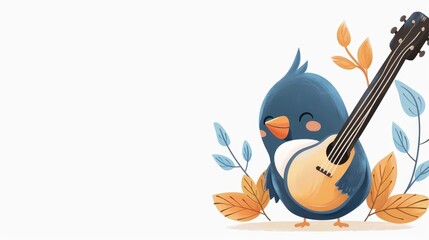 Poster - A charming bird strums a vibrant retro guitar, captured in an isolated illustration with a clean white border.