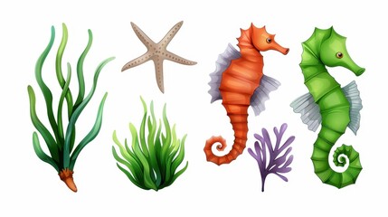 Poster - Whimsical illustrations of seahorses and marine flora, creating a vibrant underwater scene on a clean white canvas.