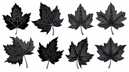 Sticker - Stylish and simple maple leaf icons set in black, perfect for various design projects on a clean white background.