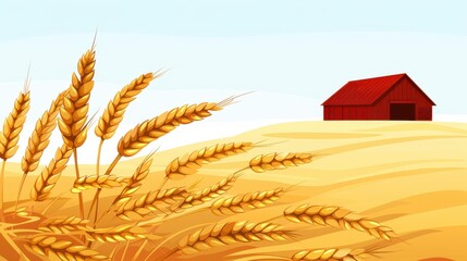 Poster - A serene countryside scene featuring golden wheat fields and a rustic barn set against a clean, minimal background.