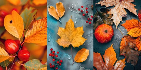 Canvas Print - A colorful arrangement of apples and leaves on a table, perfect for autumn or harvest-themed scenes