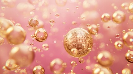 A festive and cheerful background with golden bubbles rising in a sparkling pink champagne, ideal for celebratory or luxury design themes.