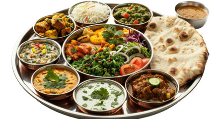 Traditional Indian Thali Filled With Various Dishes Served On A Metal Platter At A Family Gathering During Dinner Time