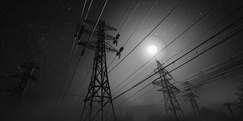 Sticker - A black and white photo of power lines stretching across the landscape at night, illuminated by the glow of a full moon