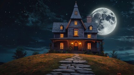 Scary castle at night, haunted place on Halloween. Dark scene with Gothic castle, gloomy palace in full moon. Spooky view of mystery mansion, castle and