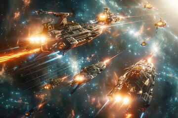 Wall Mural - a group of spaceships flying through a galaxy