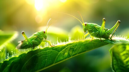 Wall Mural - Two Grasshoppers on a Green Leaf.