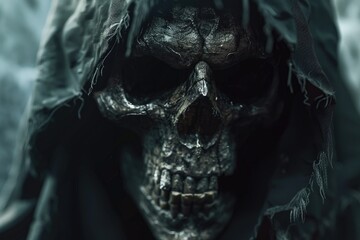 Wall Mural - A close-up shot of a skull wearing a hood, suitable for horror-themed illustrations or dark art