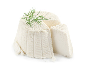 Wall Mural - Fresh cut ricotta (cream cheese) with dill isolated on white