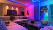 © muhammad - A living room with smart LED strip lighting that changes colors via a smartphone app, showing the app's interface with a color wheel for selection.