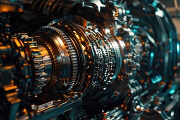 Wall Mural - A close-up view of a machine with visible gears, suitable for use in technical illustrations or machinery-related contexts