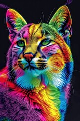  Vibrant Multicolored Cat Portrait with Neon Rainbow Fur on Black Background