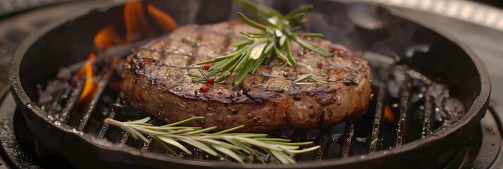 Sizzling steak with rosemary garnish