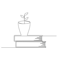 Canvas Print - a potted plant on a stack of books. Work space table with books stack concept. Continuous single line draw design illustration