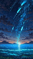 Wall Mural - bioluminescent plankton in ocean anime