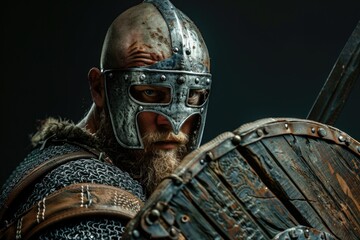 Wall Mural - A man wears a helmet and holds a sword, ready for battle or adventure