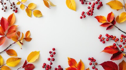 Canvas Print - Close-up of red and yellow fruits, leaves and berries on white background