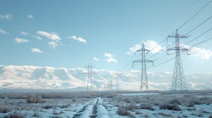 Canvas Print - A winter scene with a snow-covered field and power lines in the background, ideal for use in cold weather or rural landscape images