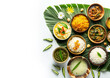 © Imagination Stock - Traditional food Onam sadhya served on banana green leaf, south indian vegeterian meal arranged in traditional way. Onam Sadya vegetarian meal with rice and curries, kerala food, Kerala, india.