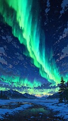 Wall Mural - northern lights in the arctic sky anime