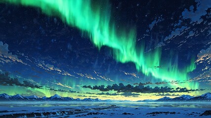 Wall Mural - northern lights in the arctic sky anime