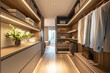 © Sunday Cat Studio - Luxurious warm wood walk in closet, modern minimal walk in wardrobe dressing room interior.