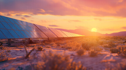 A solar farm with thousands of solar panels capturing energy from the sun, set against a desert backdrop