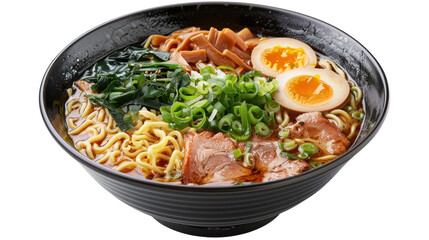 Sticker - Delicious Bowl of Ramen With Tender Pork, Soft Boiled Eggs, and Fresh Greens on a Cozy Evening