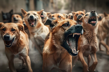 Wall Mural - Scary pack of aggressive stray dogs attacks stranger and barks loudly and shouts. Dangerous accident on the street. 